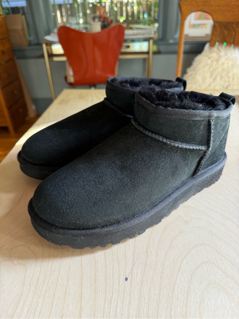 UGG Black Suede Short Ankle Booties with Shearling Lining
